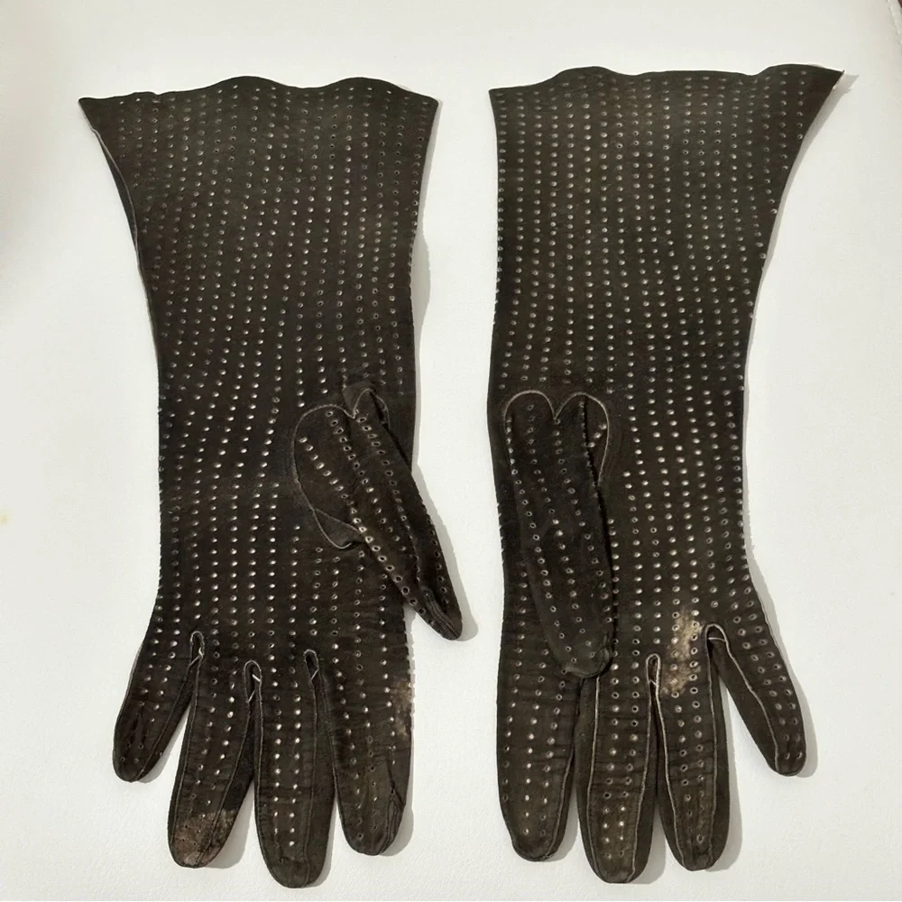 Vintage perforated brown leather gloves long size 6.5
